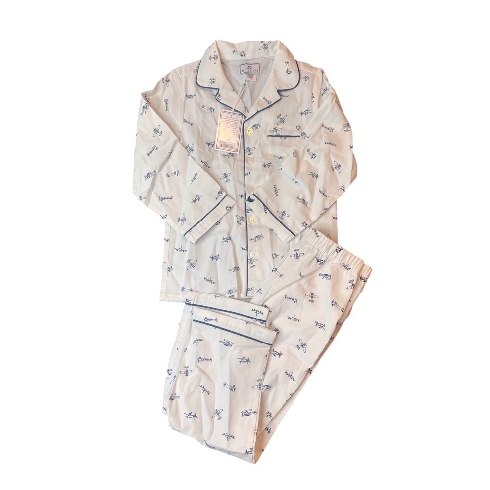 Petite Plume Boys Par Avion Pajama Set White Navy Airplane Print Size 6 NEW